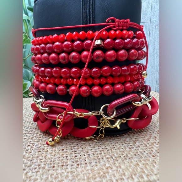 Evening Red Trendy Beaded Bracelet Set - Stylish Fashionable Bead Bracelets - Picture 3 of 15